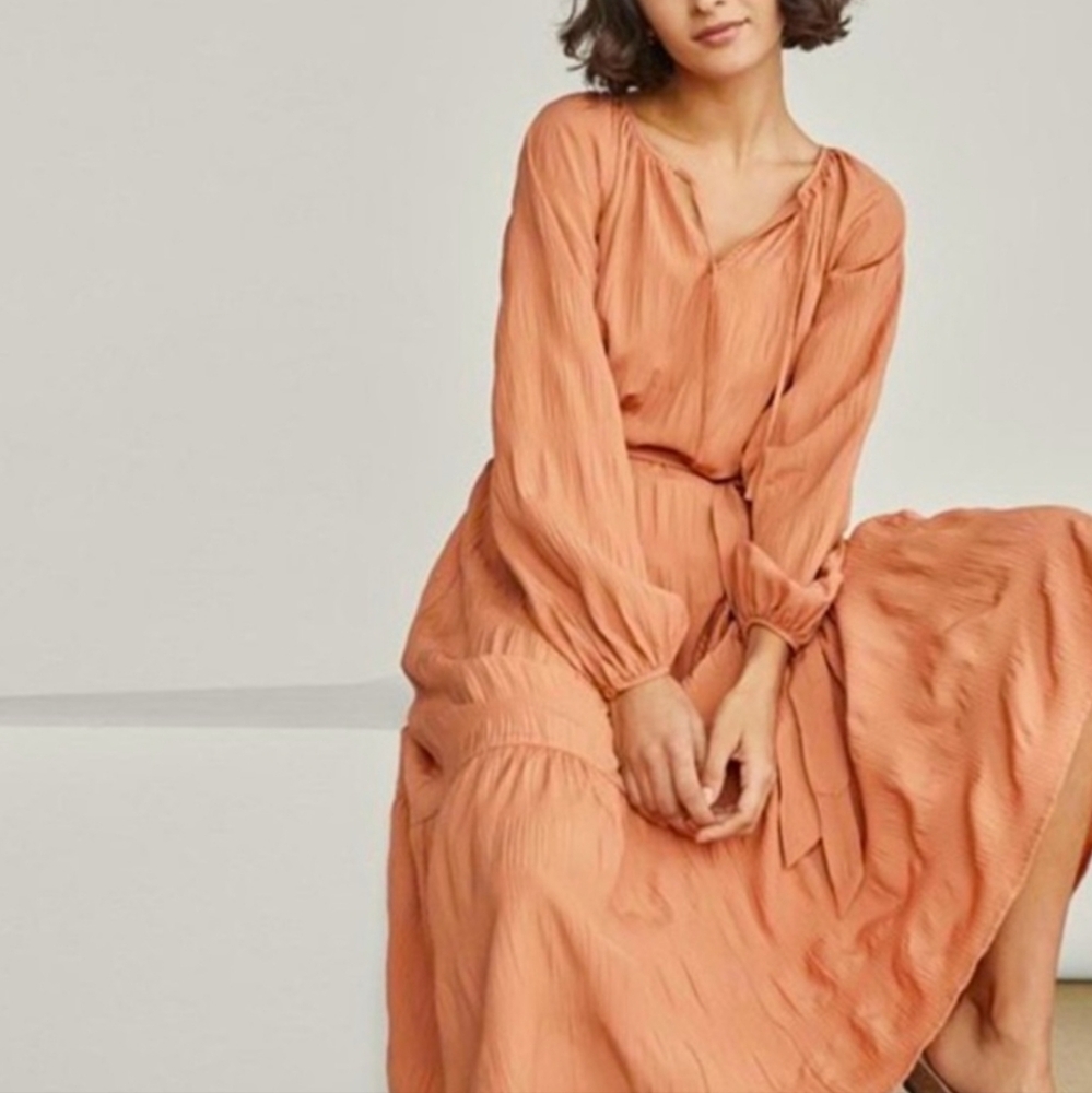 Elizabeth & James Orange Belted Maxi Dress Tiered Terracotta Peasant Large